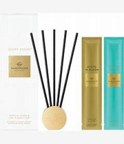 Scent Scene Duo Gold Metal Vessel with Kyoto in Bloom and Lost in Amalfi Scent Stems